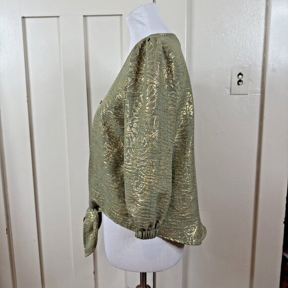 Olivia & Martin Top Women Medium Metalic Foliage Tie Front V Neck Blouse - Picture 4 of 7